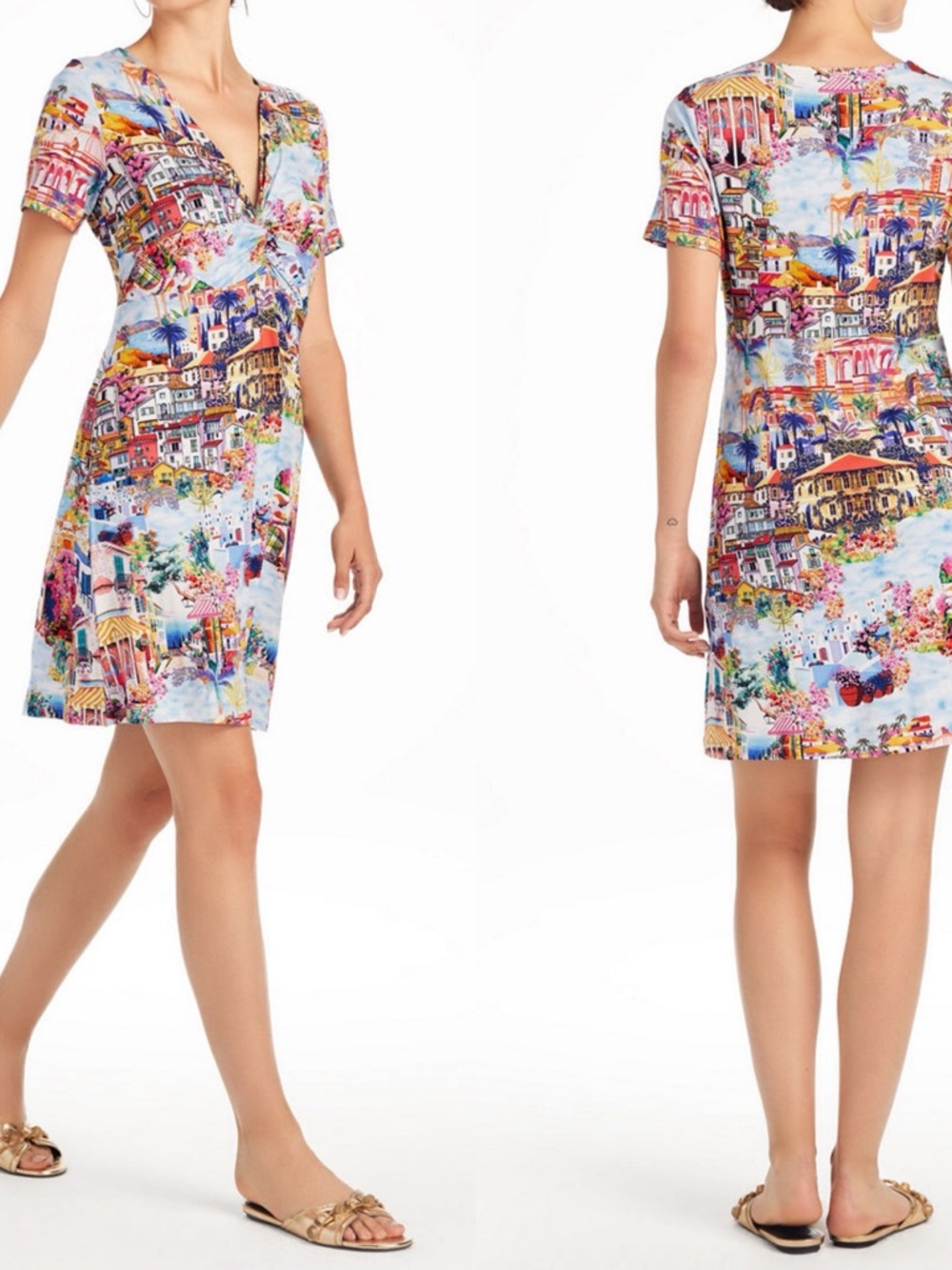 Johnny Was Multi-Color Cityscape V-Neck Short Sleeve Mini Dress